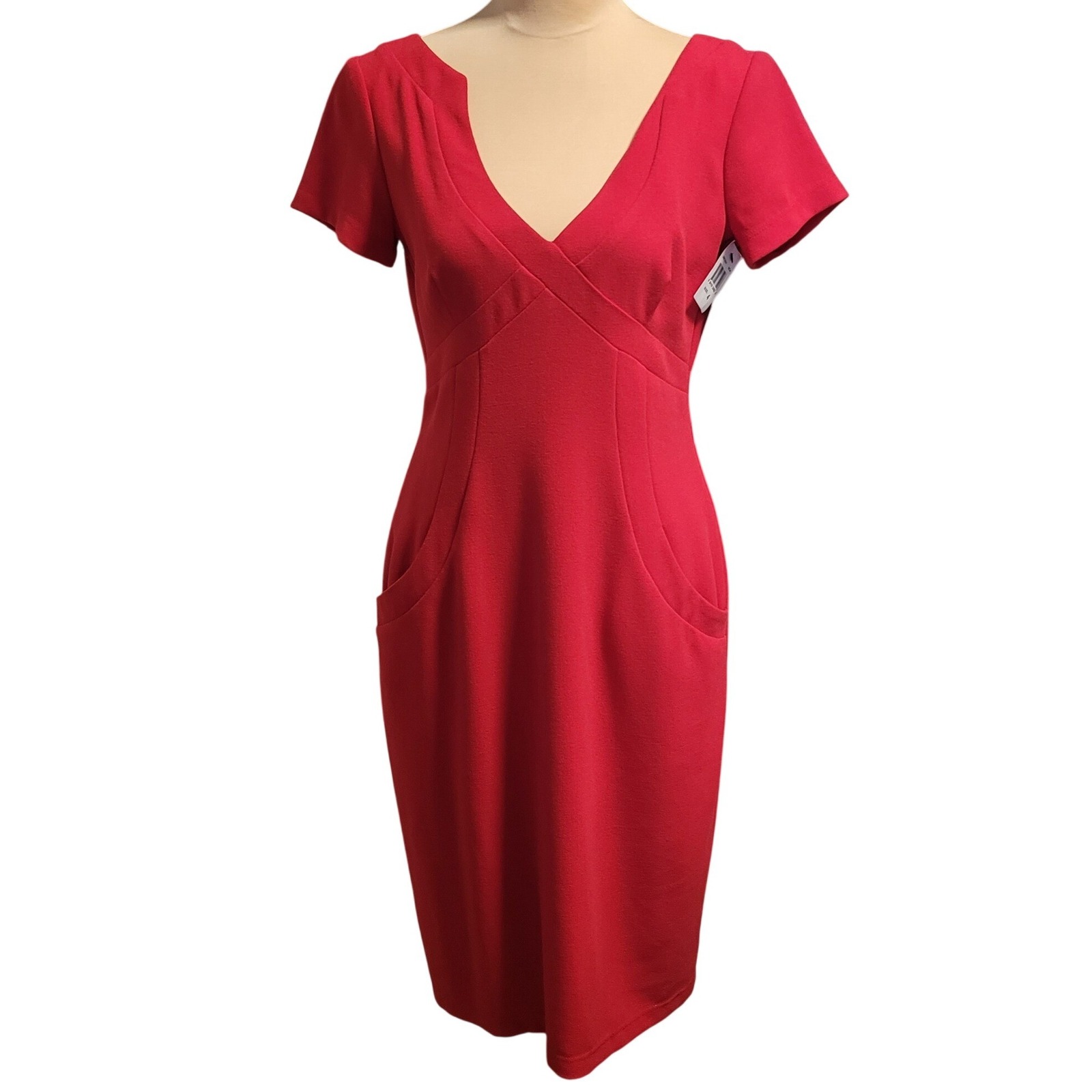 David Meister Red V-Neck Hourglass Sheath Dress Nwt Pockets 4 Lrd Day To Night